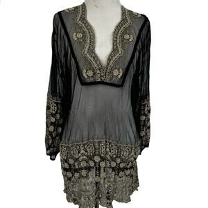 NYGARD Sheer Embroidered Mesh Boho Tunic Top Black Tan Long Sleeve Size 10